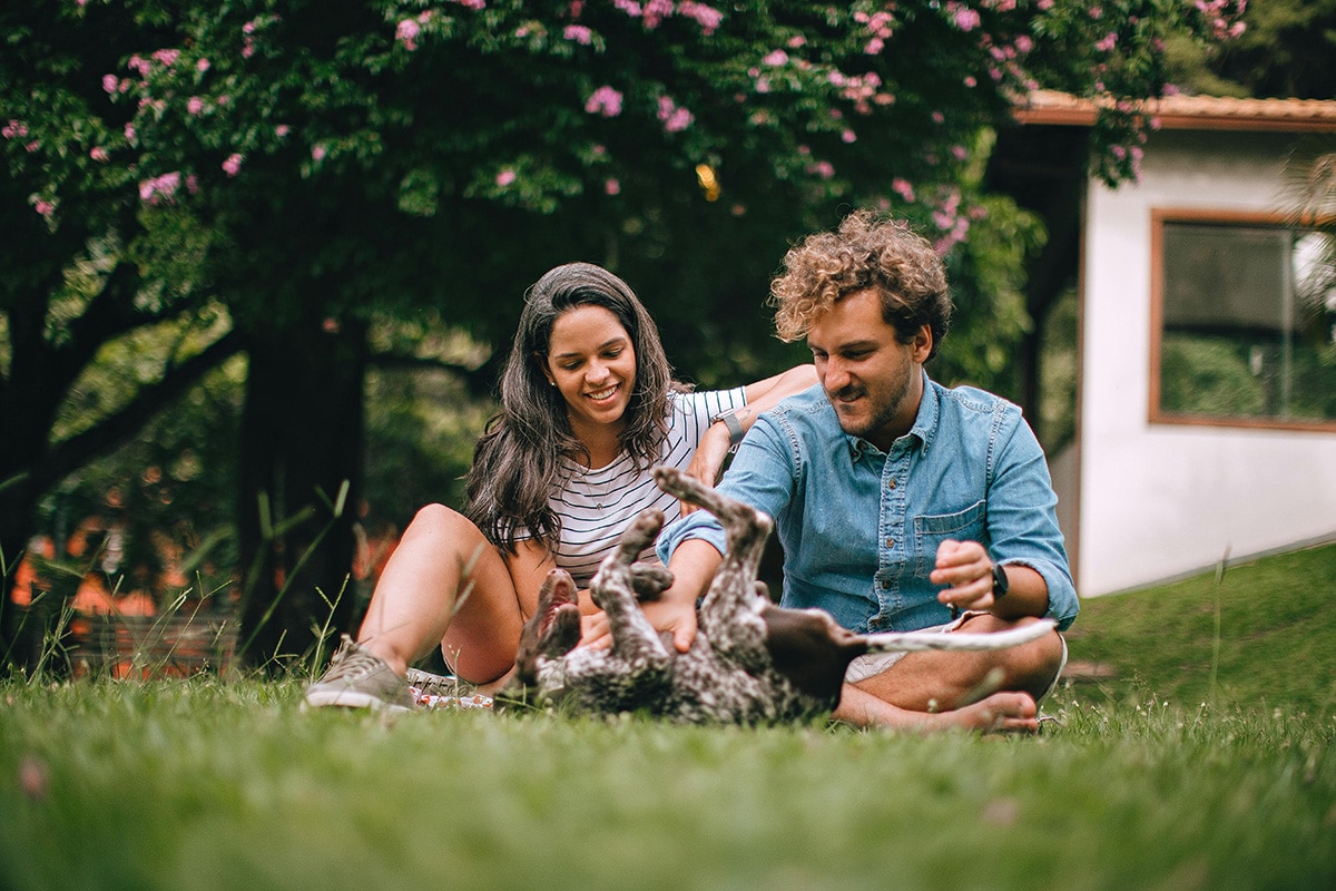 A man and woman playing with their dog in the grass.