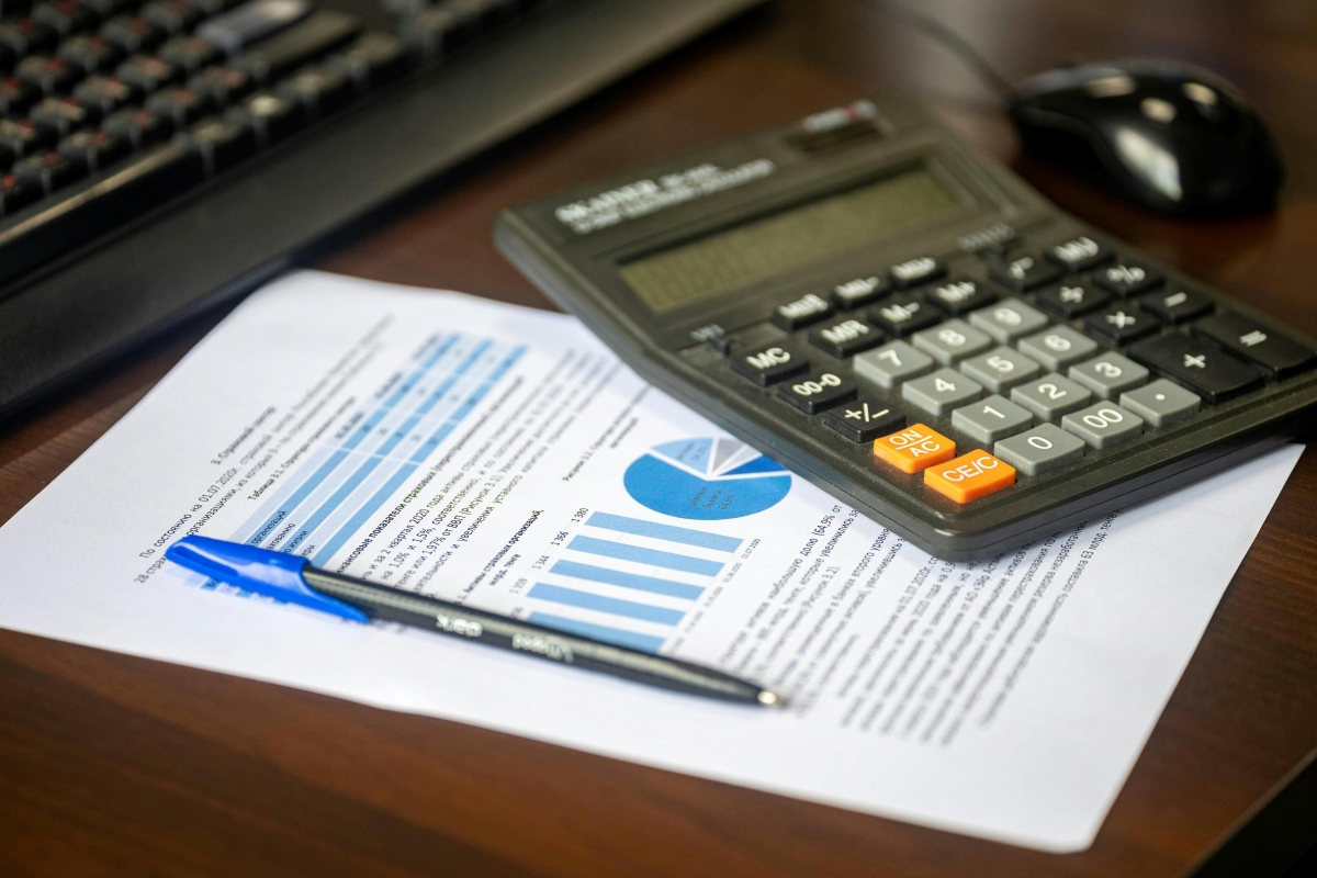 Financial document and calculator on a desk, in front of a computer keyboard.